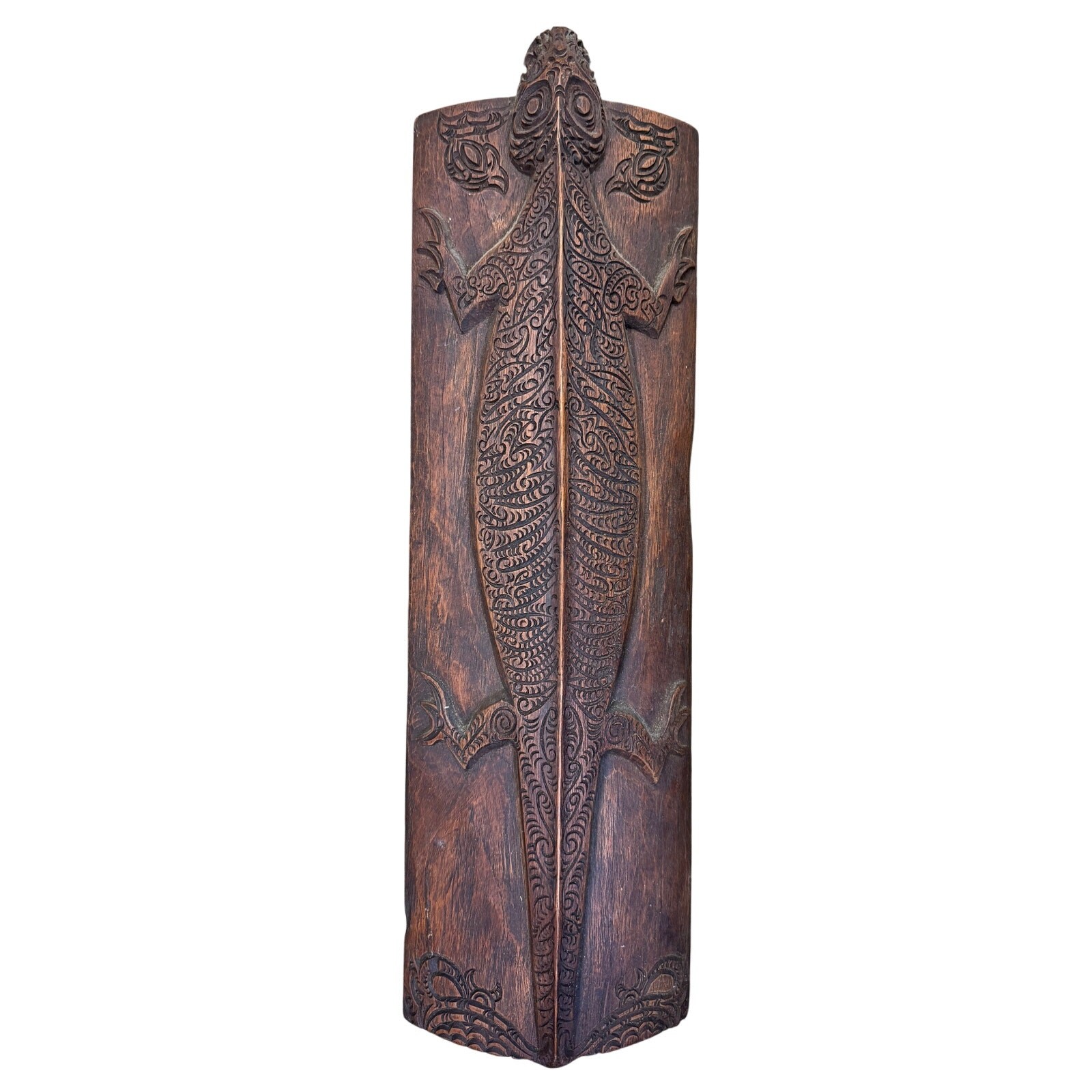 Dayak Carved Wooden Lizard Panel Borneo Indonesia Tribal Art Aso Motifs 19.5”