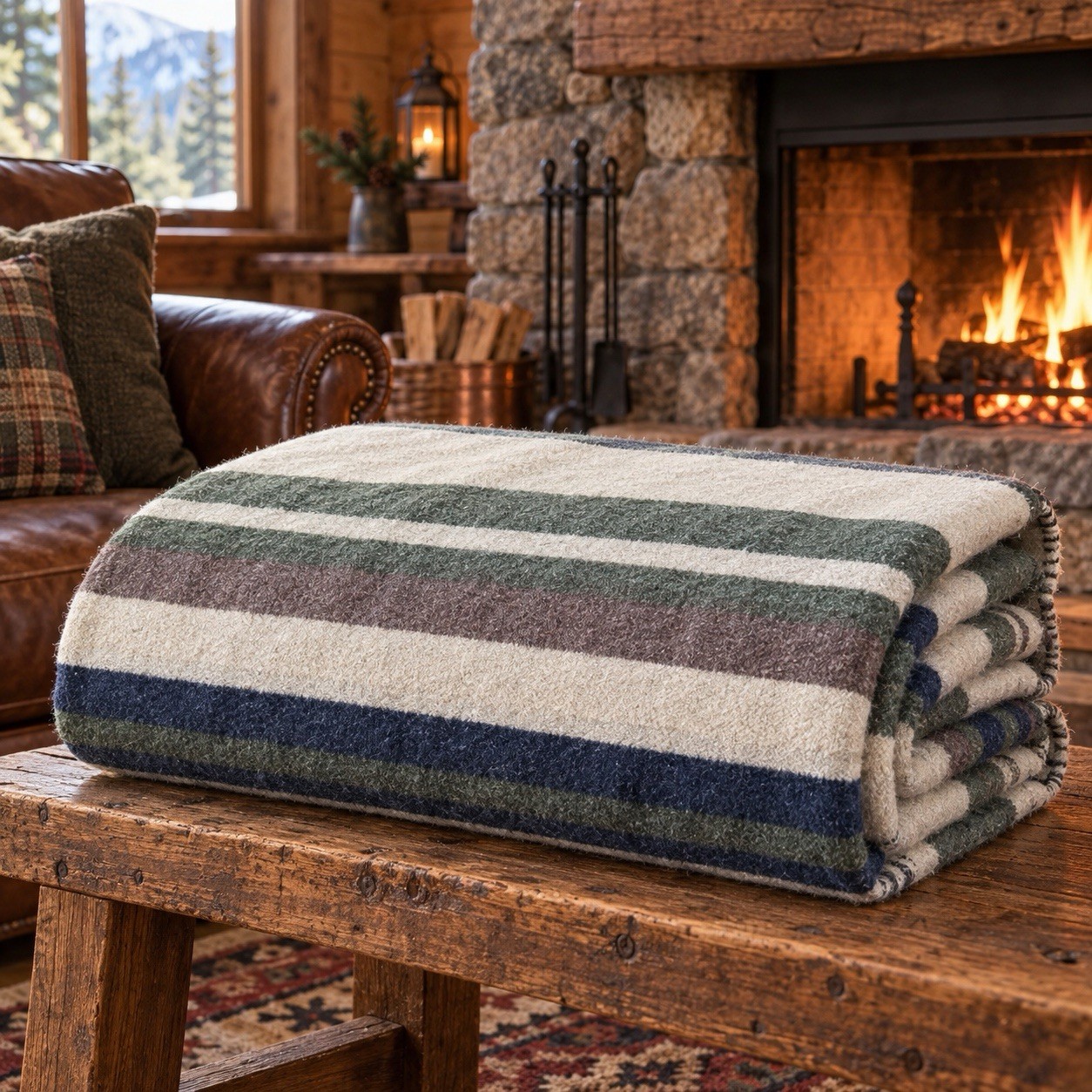 Vintage 100% Wool Camp Blanket 60x85 Striped Green Navy Brown Lodge