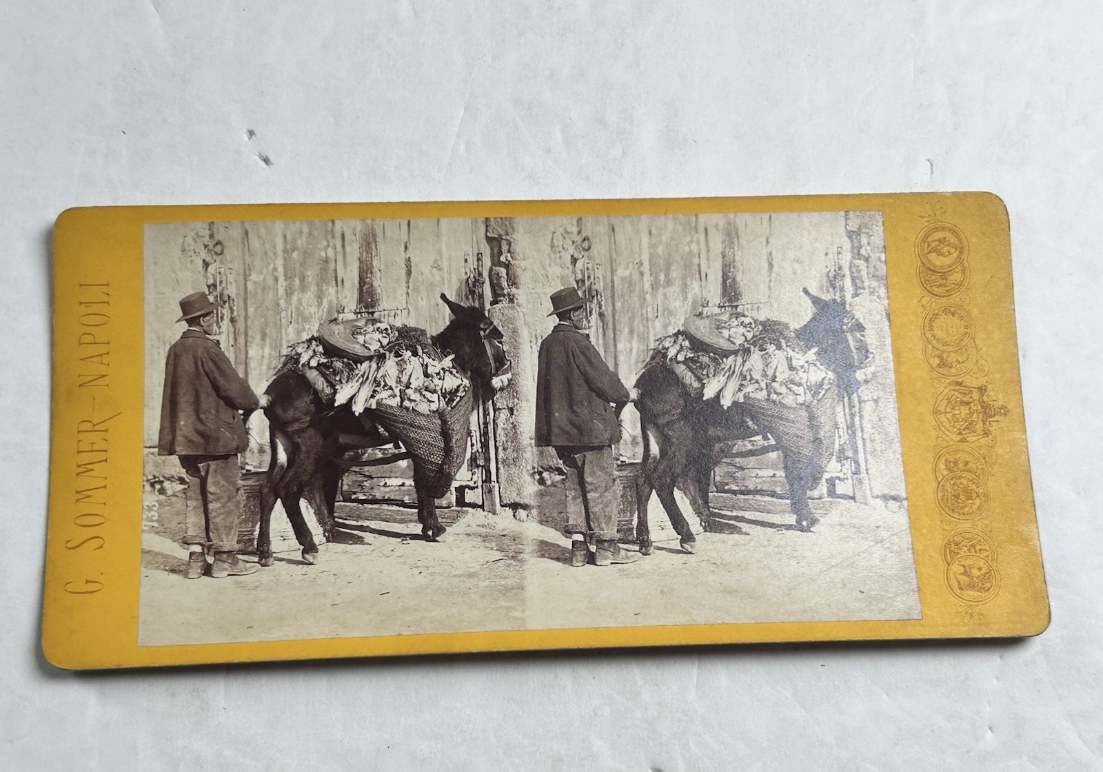 Stereoview Photo Naples Italy Man + Donkey Selling Wares