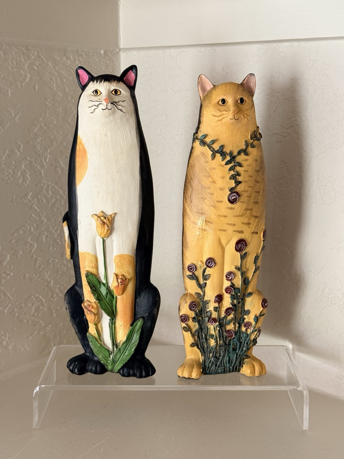 Vintage Eileen Smithson Folk Art Two Cat Figurines Birds Floral Accents 9” inch