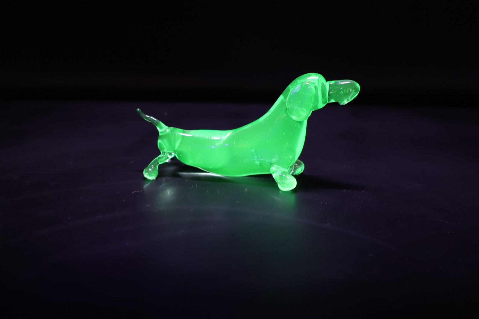 Uranium Glass Dachshund Figurine, UV Reactive Wiener Dog, Hand Blown Glowing