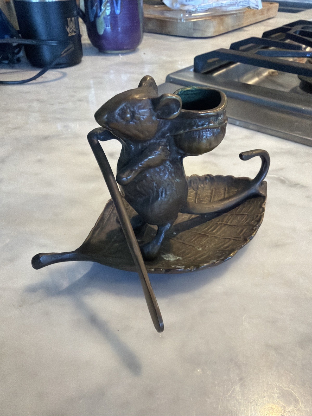 Vintage Metal Bronze - Field Mouse On Leaf Boat - Candlestick Holder