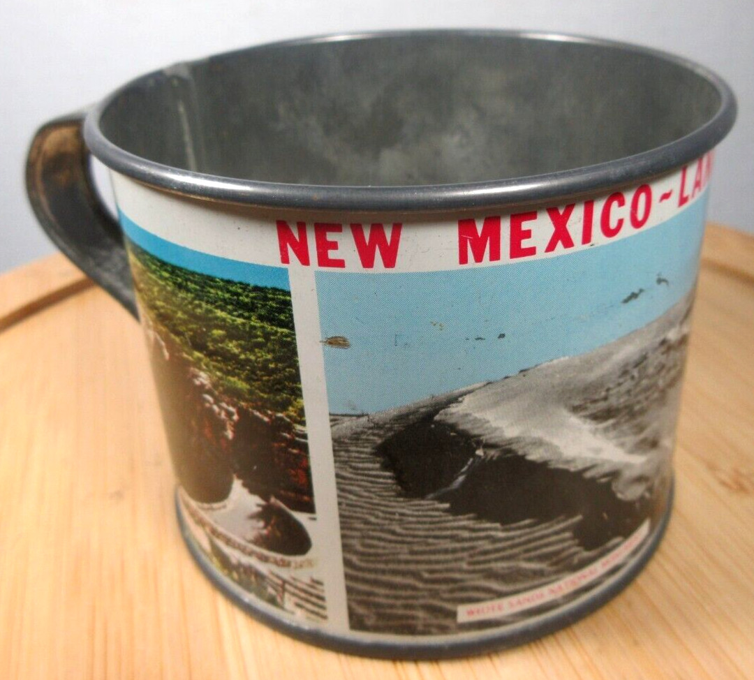 vintage New Mexico Land of Enchantment souvenir tin cup mug Taos Pueblo caverns vintage New Mexico Land of Enchantment souvenir tin cup mug Taos Pueblo caverns
