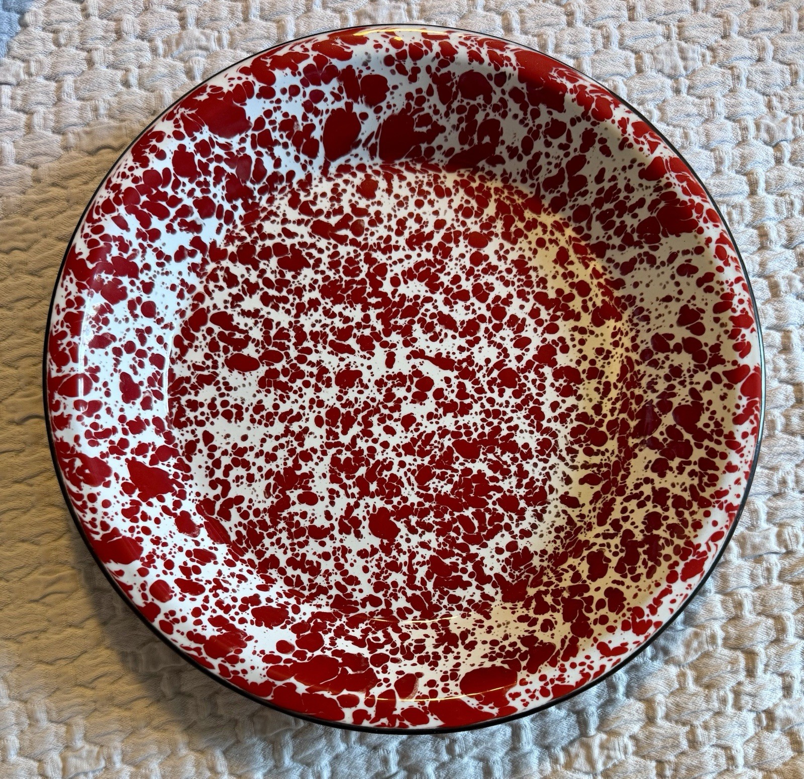 Red and White Speckled Splatter Enamel Ware Pie Pan 10” x1.25” deep Vintage