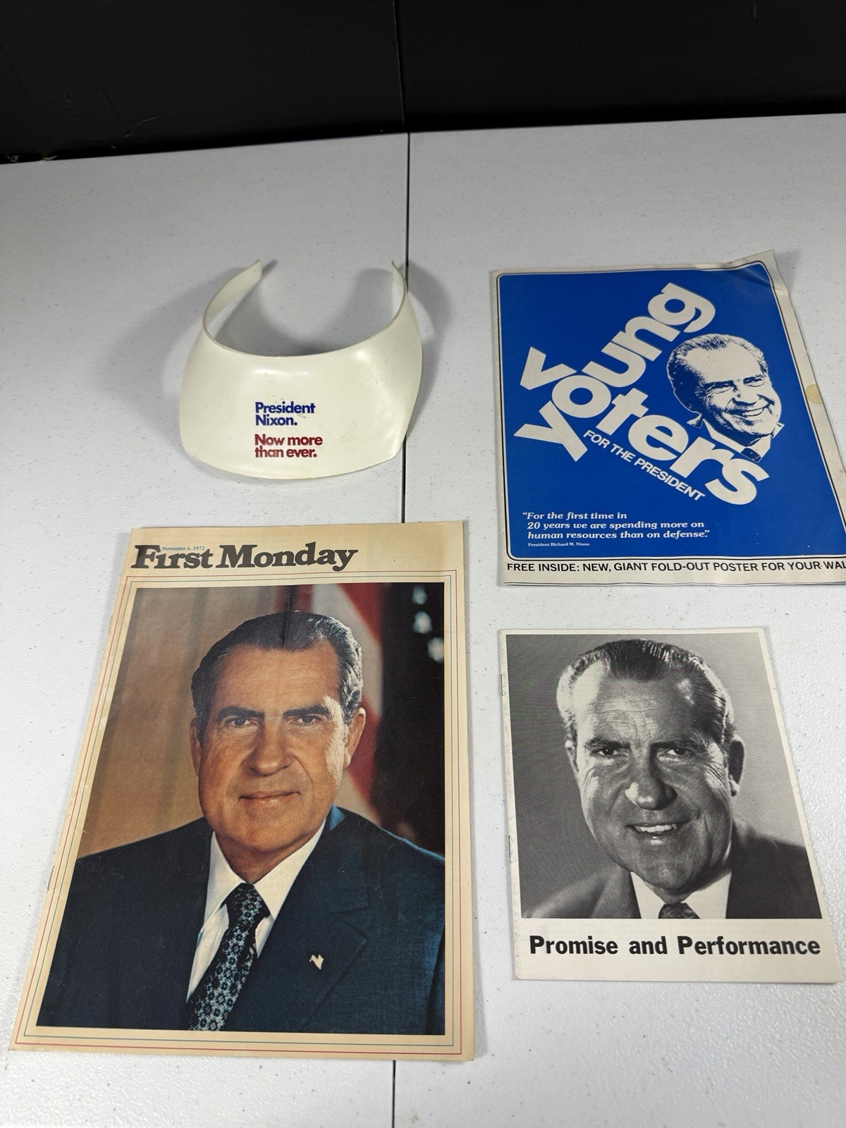 1972 Nixon Campaign Lot: Visor + Young Voters Brochure/Poster + Mags
