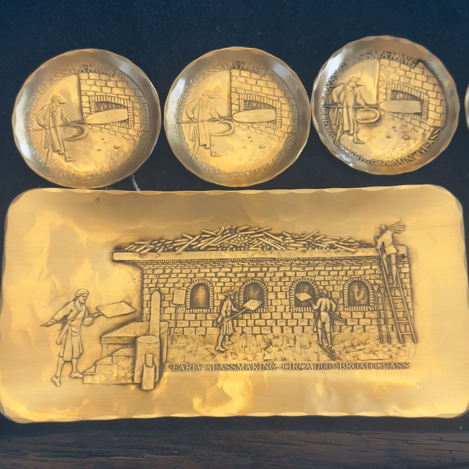 1977 Wendell August Forge Bronze Coasters PPG 7pc Tray Barware Corporate. Nice. 