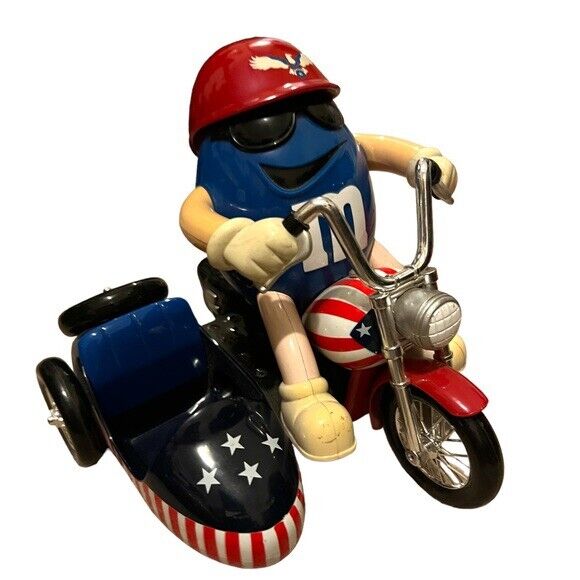 M&M\'s Blue Peanut Sitting on Patriotic Motorcycle Candy Dispenser