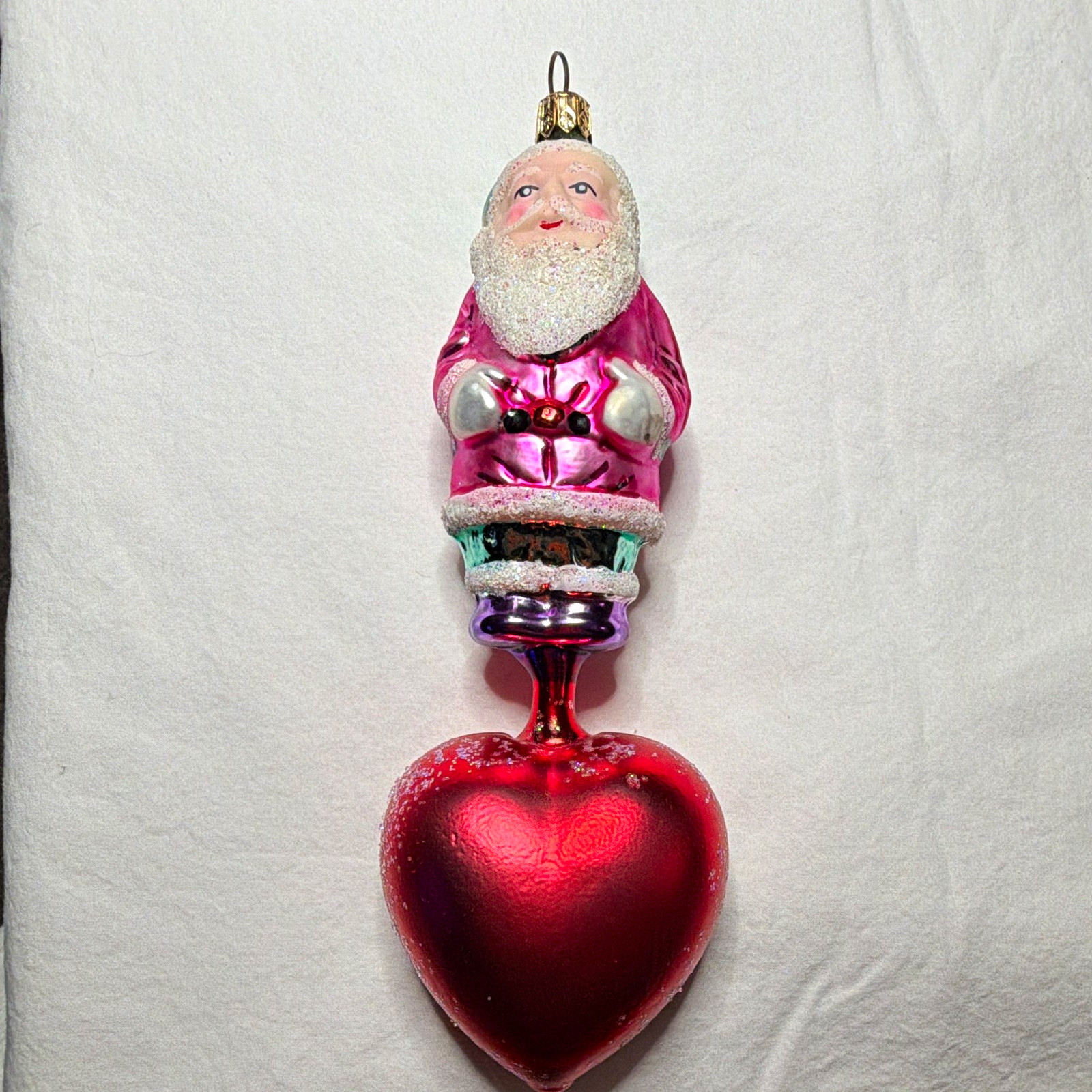 Vintage Christopher Radko Glass Santa Standing on Large Red Heart Ornament 8.5\