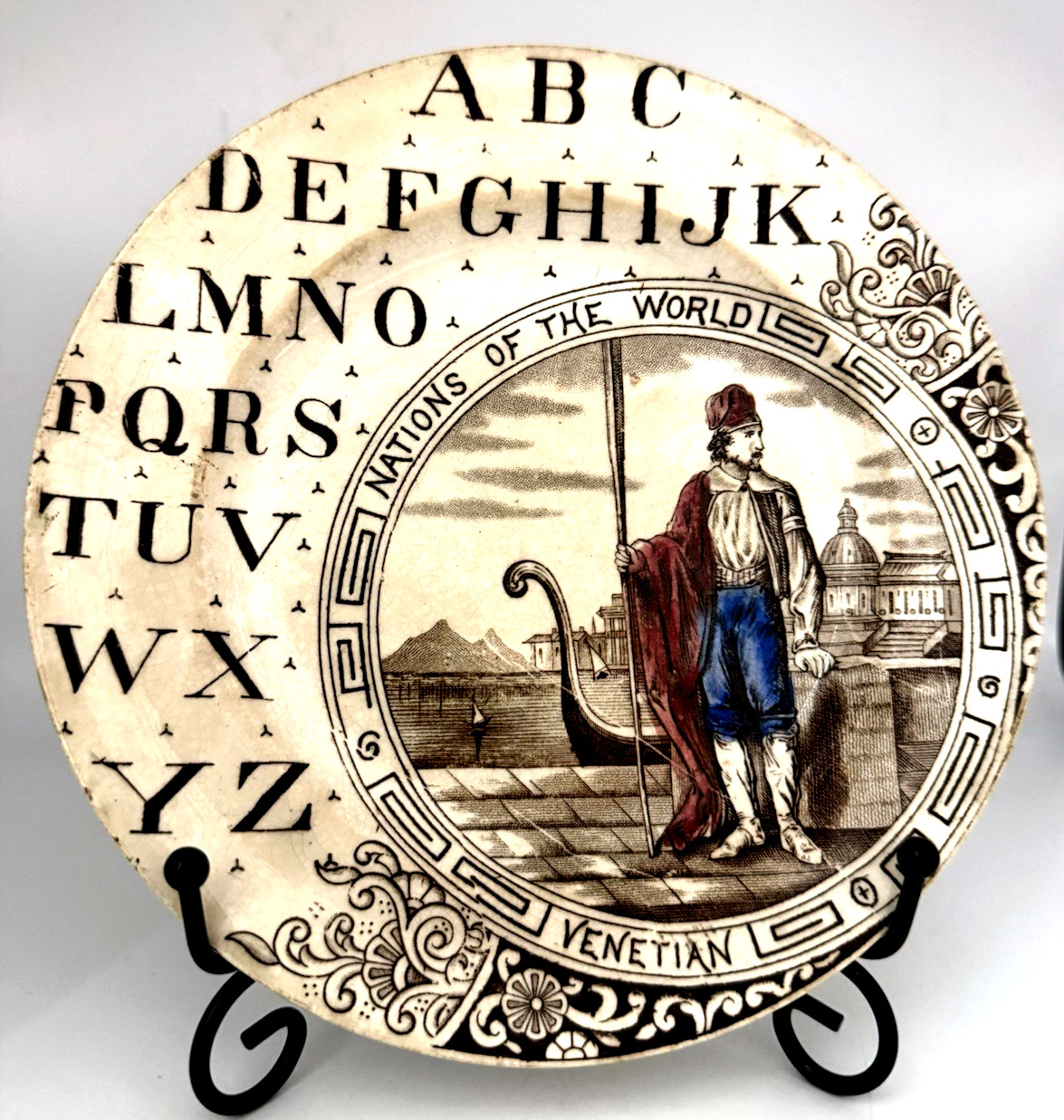 Antique 1880's Brownhill's Child's Alphabet Plate Nations of the World Venetian
