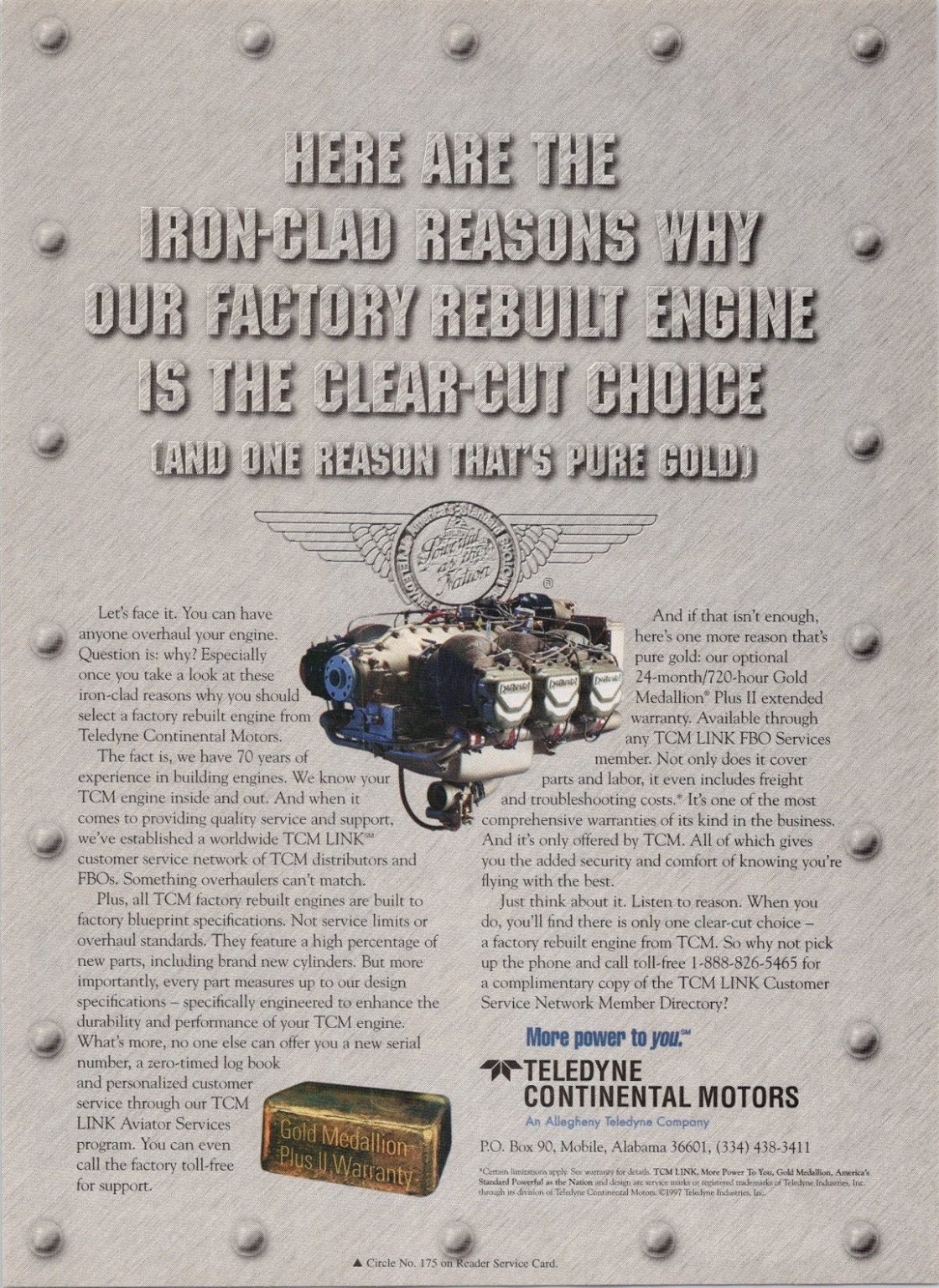 Teledyne Continental Motors 1997 Factory Rebuilt Engine Print Ad Aviation
