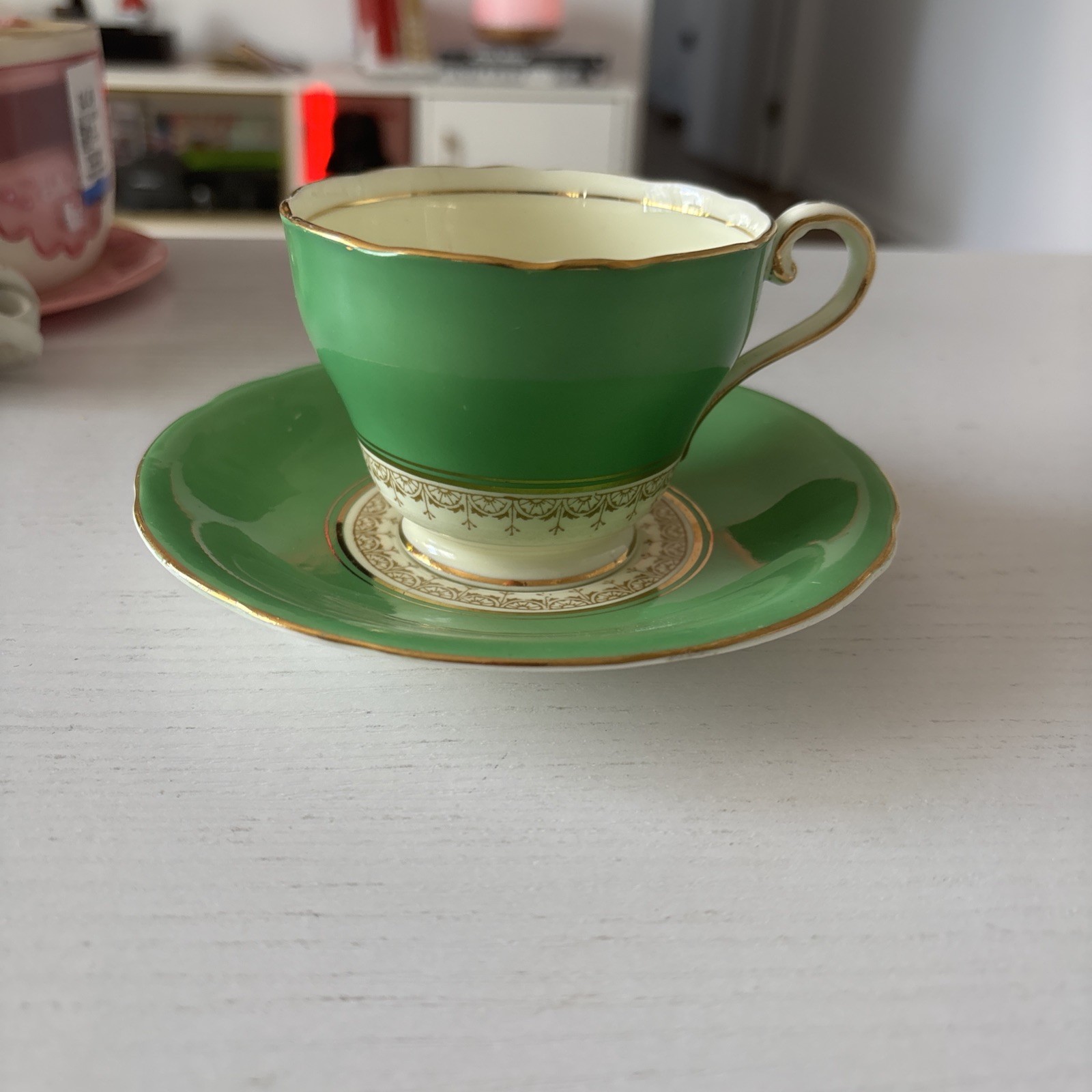 Vintage Aynsley Corset Teacup & Saucer Emerald Green Gold Bone China B5333