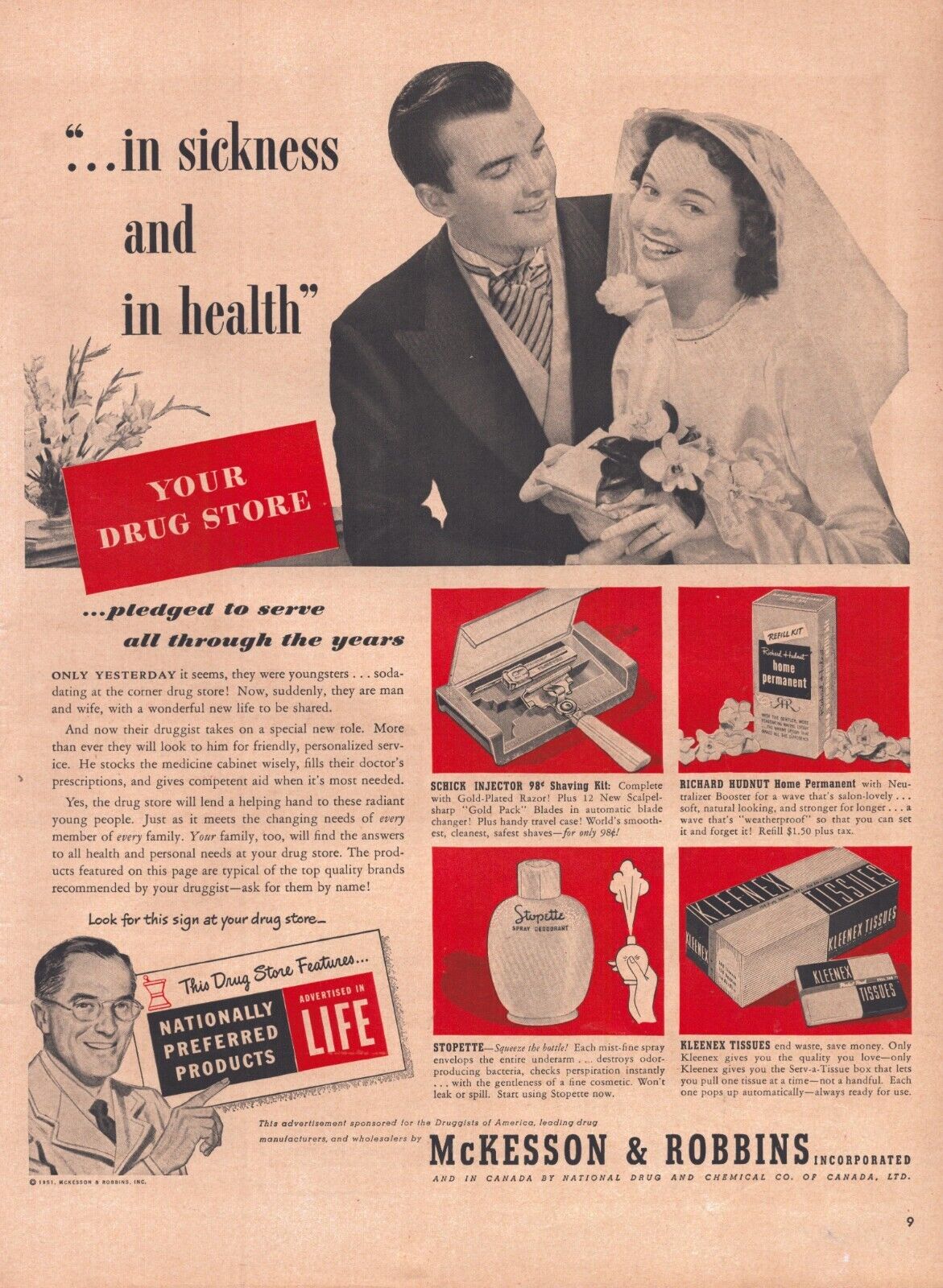1951 McKesson & Robbins Drug Store Print Ad Newlyweds In Sickness And Health
