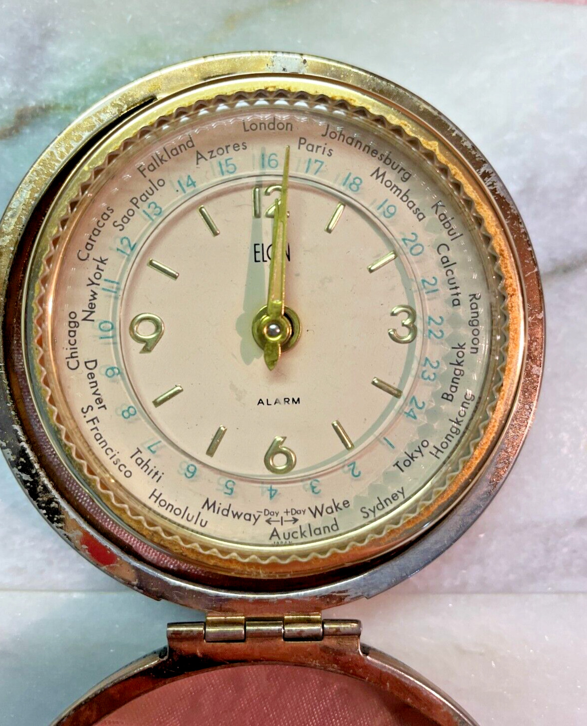 Vintage Elgin Bradley Mini-Travel Alarm Clock World Time Bradley Div. Japan