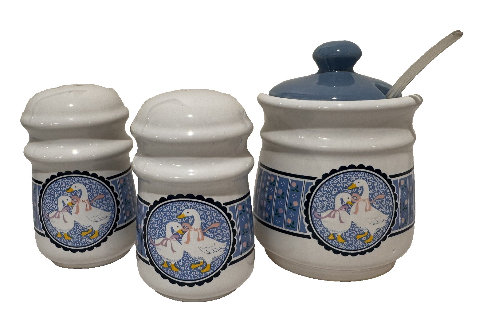 Vntg set 3 Country Goose Duck Jam Sugar Pot Crock Salt Pepper Shakers Ribbon S&P