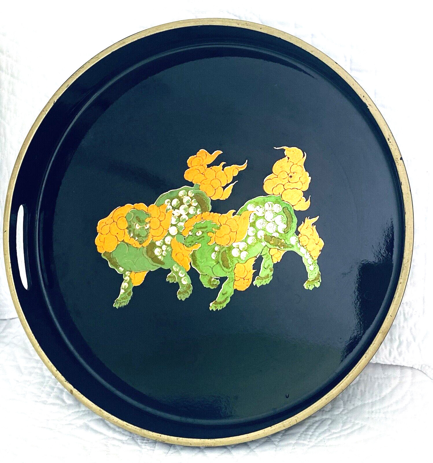 Japanese Round Otagiri Black Lacquer Tray Gold Metallic Shisa Dogs Japanese Round Otagiri Black Lacquer Tray Gold Metallic Shisa Dogs