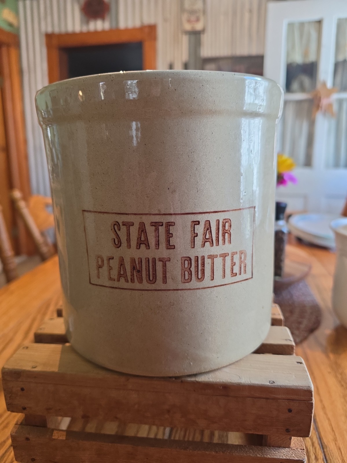 Vintage State Fair Peanut Butter Ceramic Crock R.R.P. Co. Roseville Ohio
