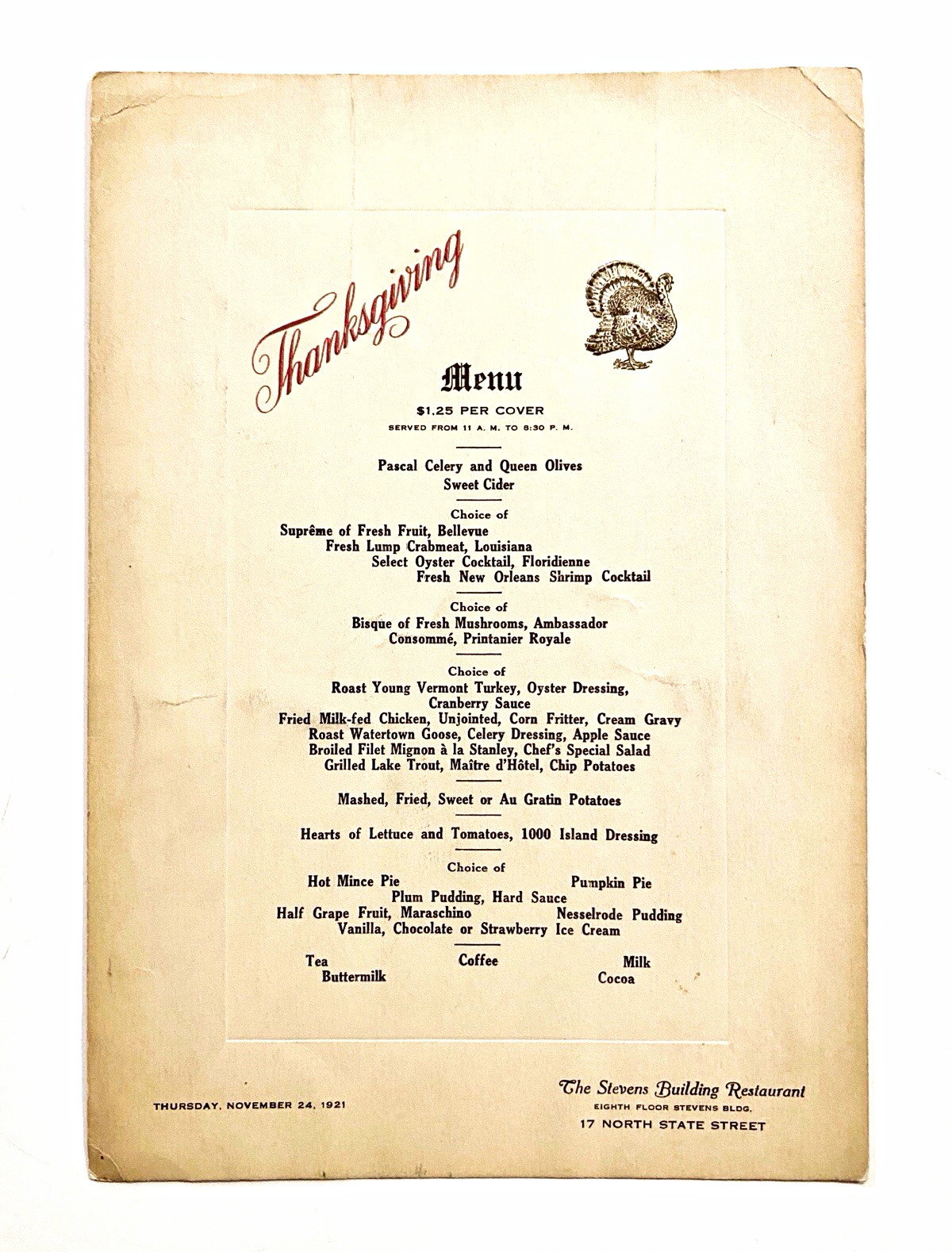 Antique 1921 Thanksgiving Menu The Stevens Building Restaurant Chicago