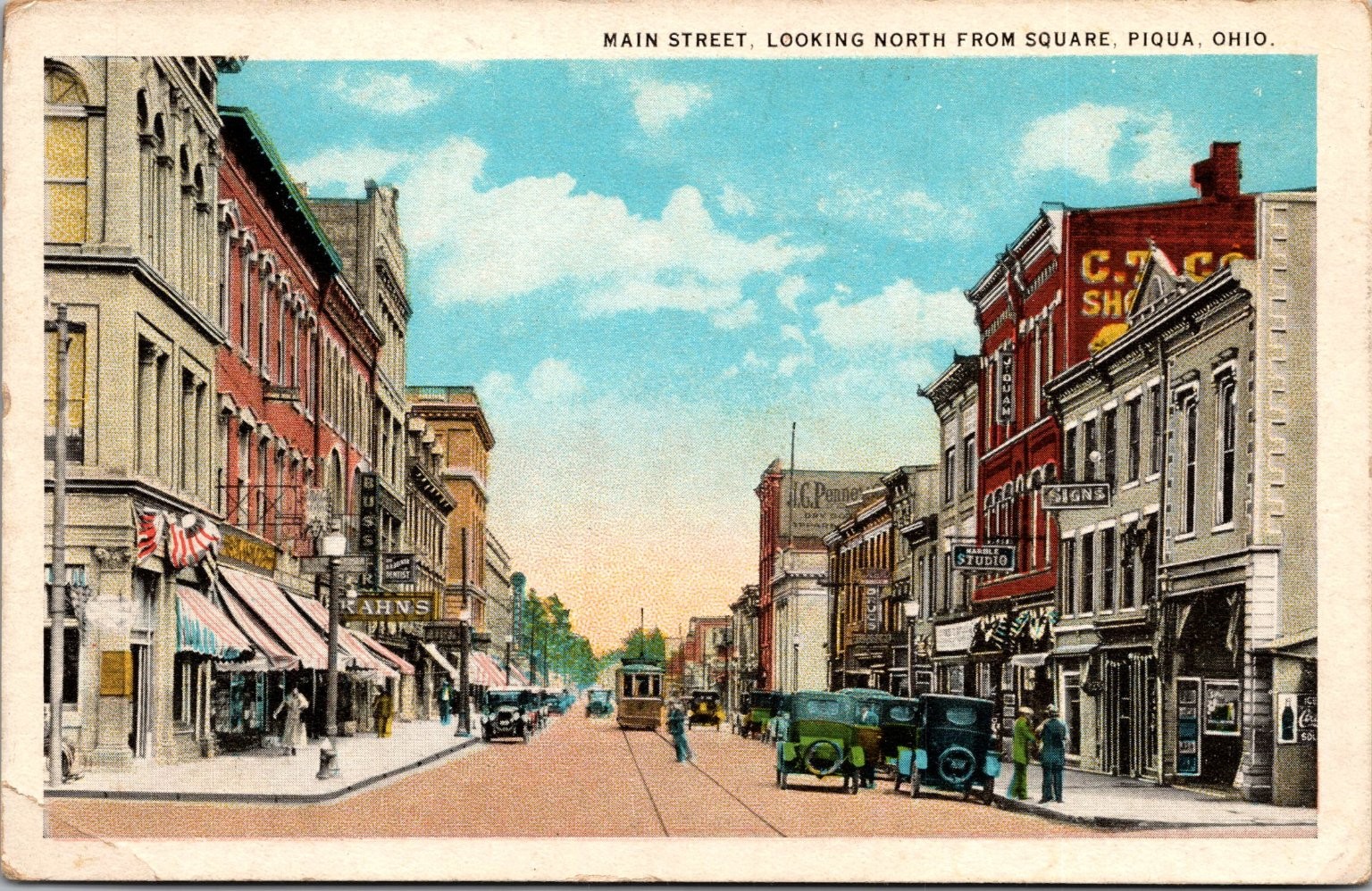 Piqua, OH Main Street North from Square Streetcar Vintage Postcard
