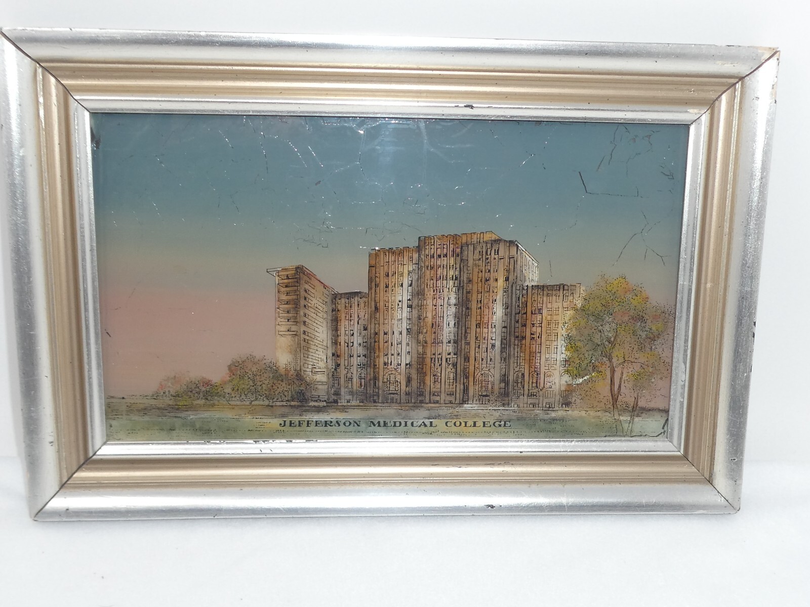VINTAGE JEFFERSON MEDICAL COLLEGE REVERSE PAINTING ON GLASS WOODEN FRAME
