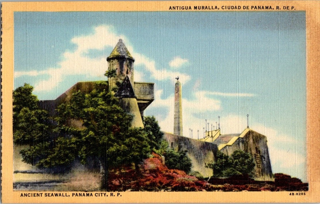 Vintage Panama City Ancient Seawall Curteich Linen Postcard 1940s