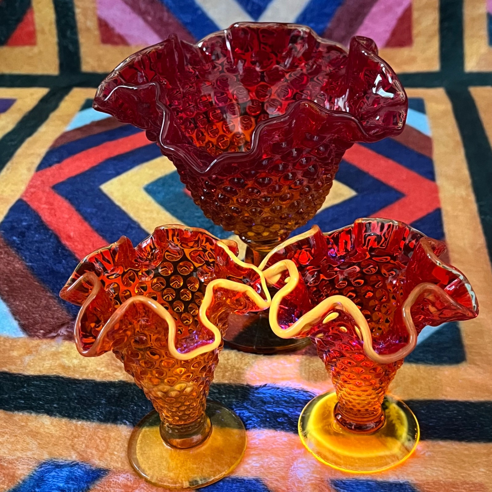 Lot of 3 Vintage Amberina Hobnail Glass Bud Vases 4\