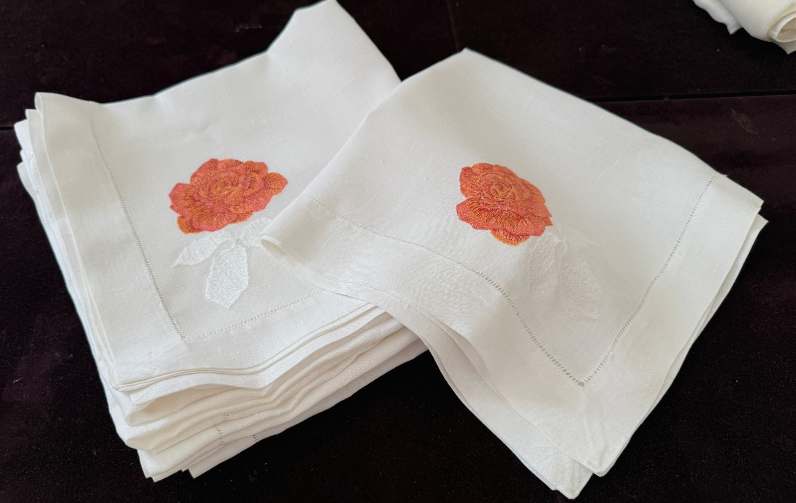12 Vintage Large Emroidered Linen Dinner Napkins with Hemstitching  B368
