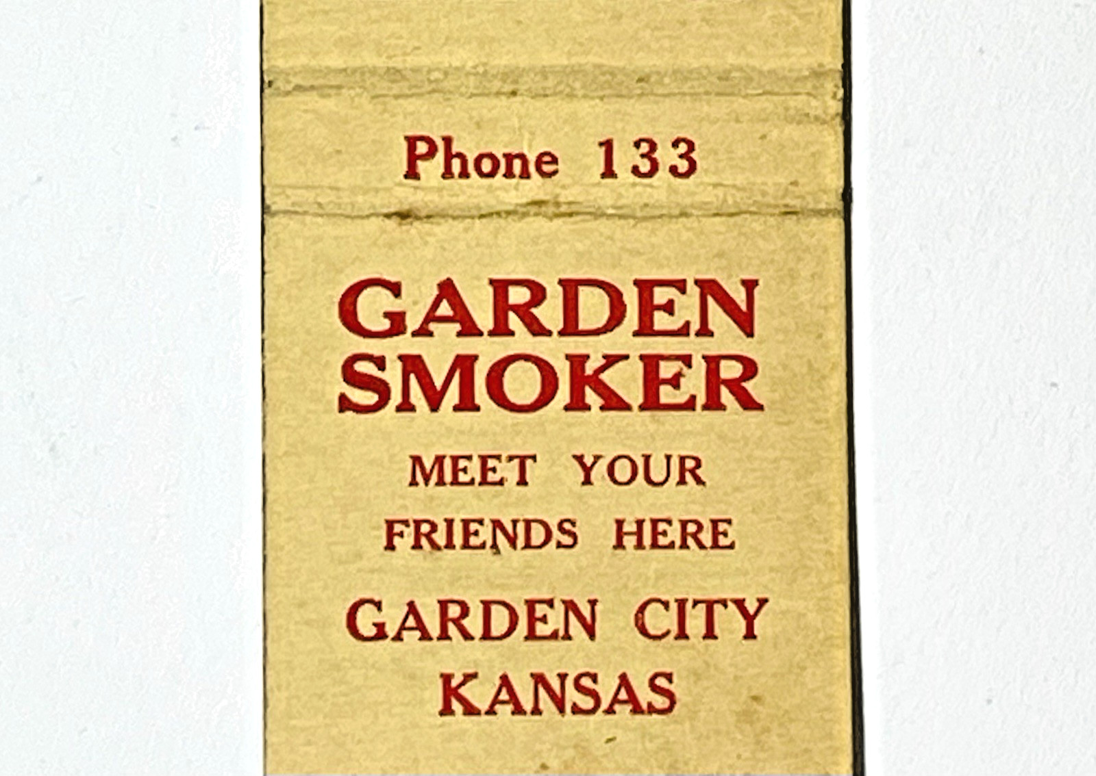 GARDEN CITY, KANSAS 1930'S- GARDEN SMOKER, MAIN & LAUREL, MATCHBOOK COVER