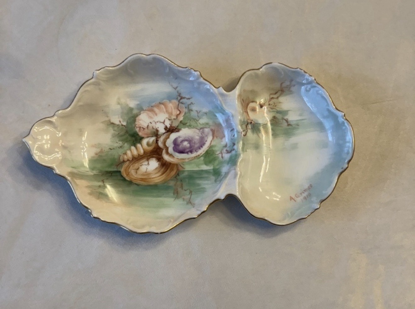 Antique T&V Limoges France Sardine Server/Oyster Sea Life, Shells Tray- Signed