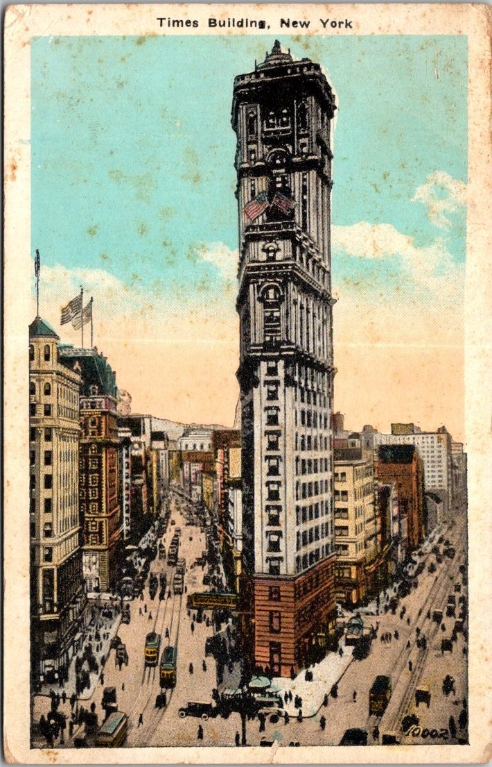 1925 Times Building New York City Postcard - Busy Street Scene NYC