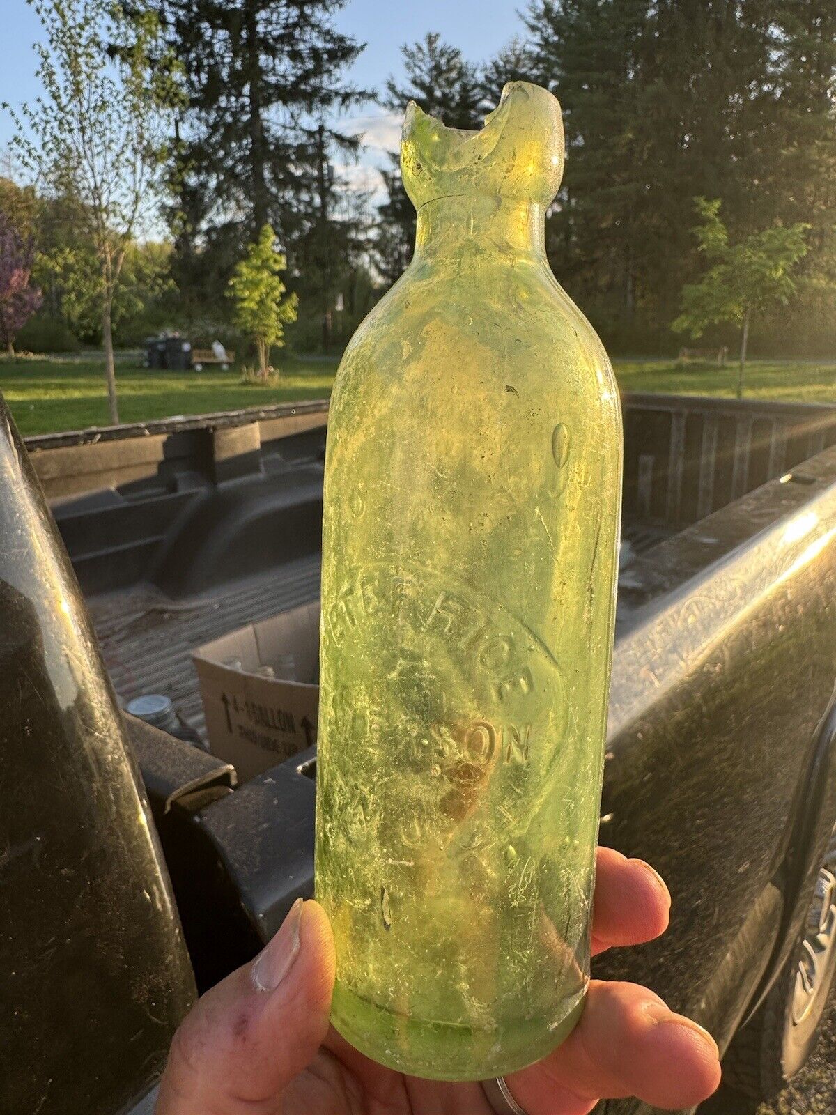 Peter Rice Paterson NJ light green Hutchinson embossed slug plate bottle