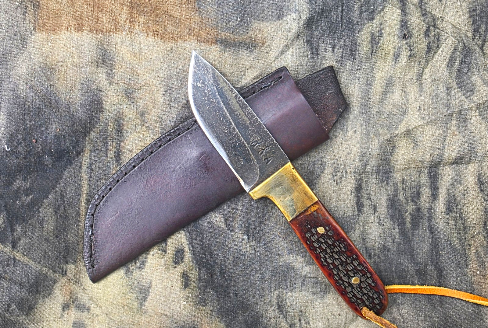 R&A Custom Handmade Knife USA 8670 Carbon Steel Drop Point Camel Bone