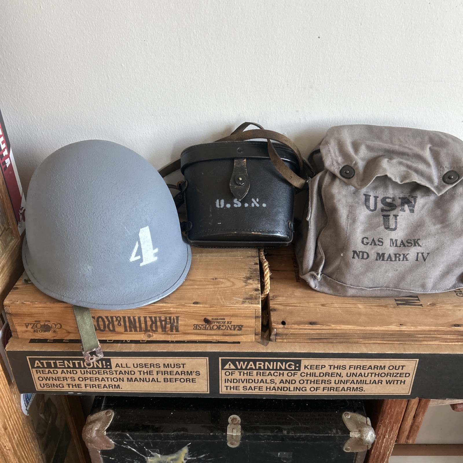 WW2 US NAVY M1 Helmet  WW 2 Liner WW 2 Binoculars WW2 Gas Mask 