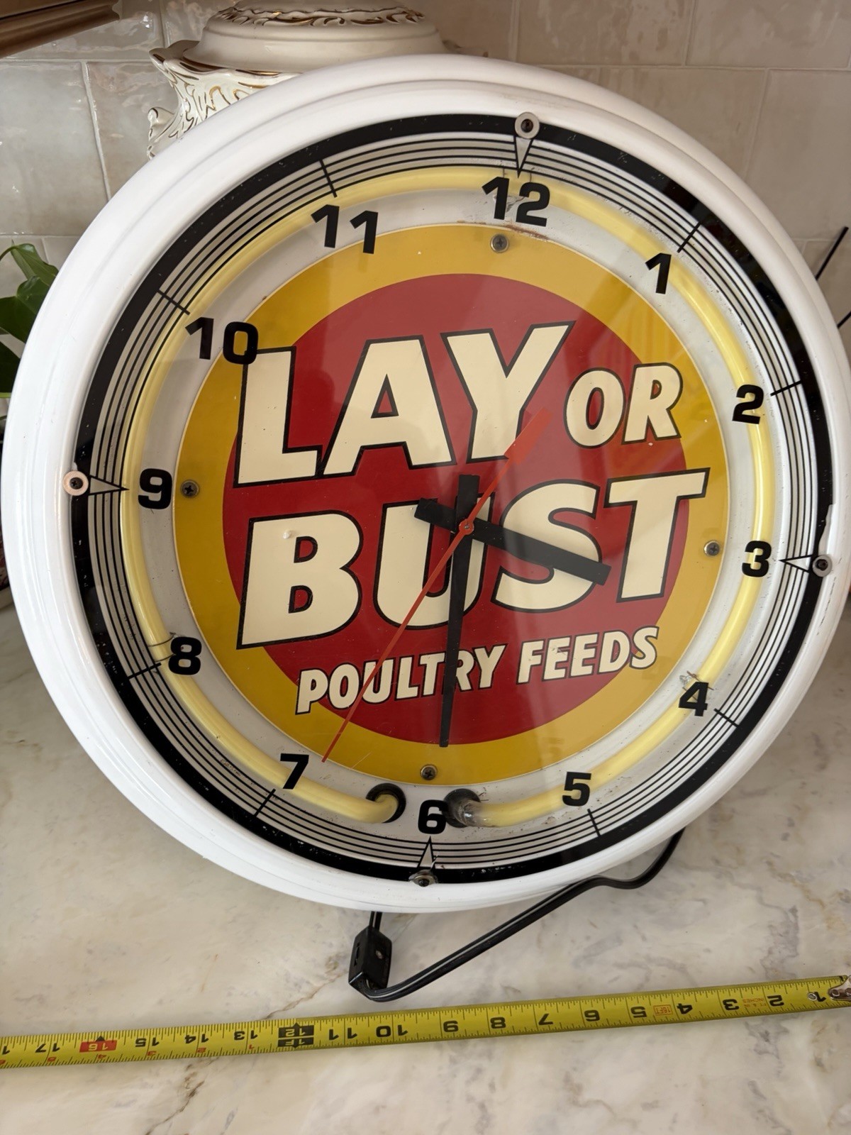 VINTAGE CA. 1959 LAY OR BUST NEON ADVERTISING CLOCK/ FARM SIGN- WORKING