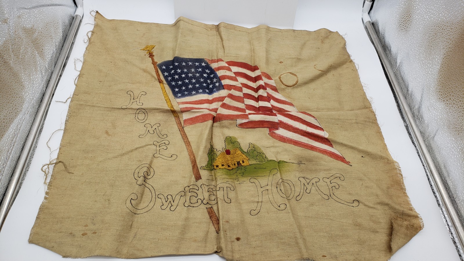 Antique Unfinished 41 Star US Flag Folk Art Textile Embroidery 20x 20 Inch Antique Unfinished 41 Star US Flag Folk Art Textile Embroidery 20x 20 Inch