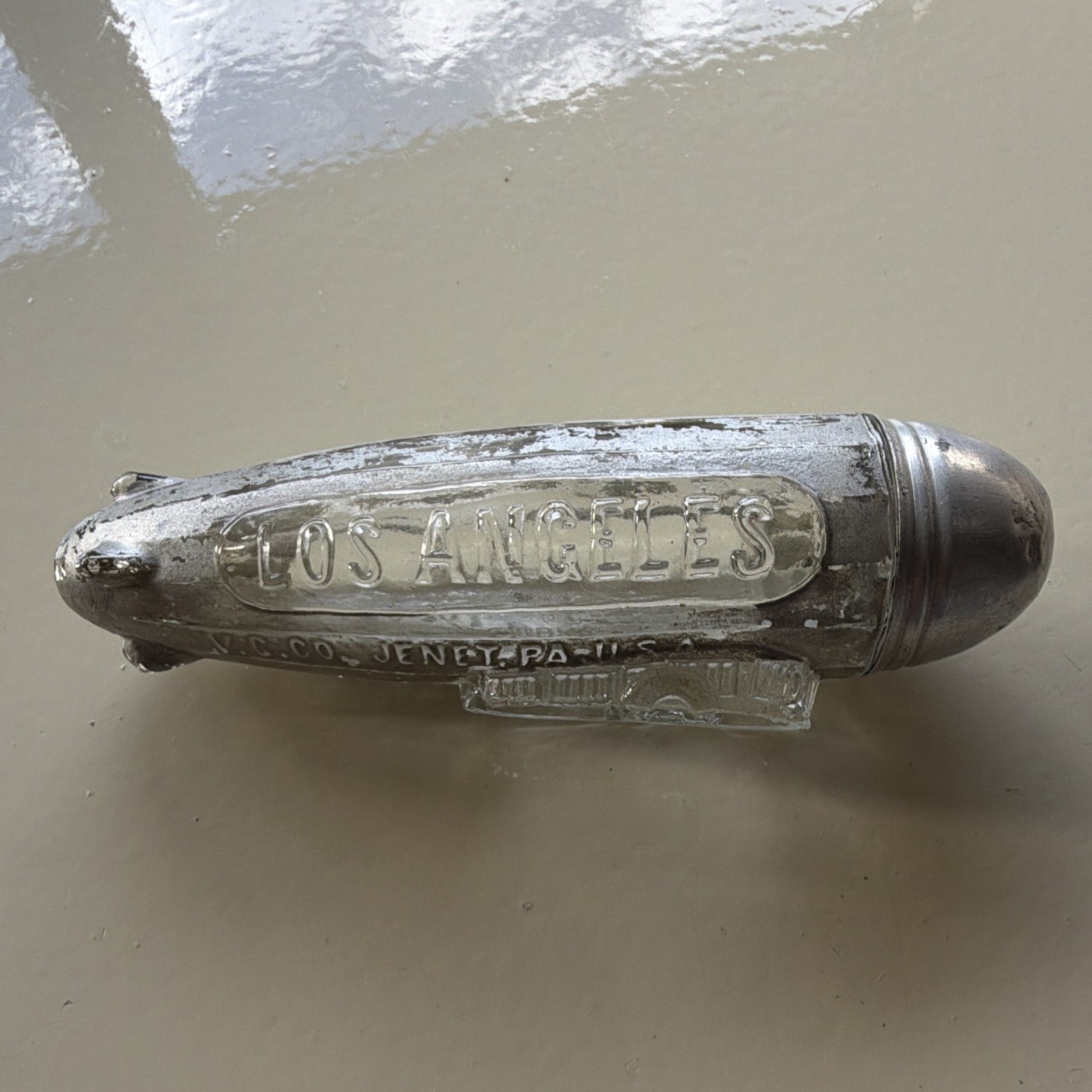 Los Angeles Zepplin glass candy container by victory glass Company, 1930s