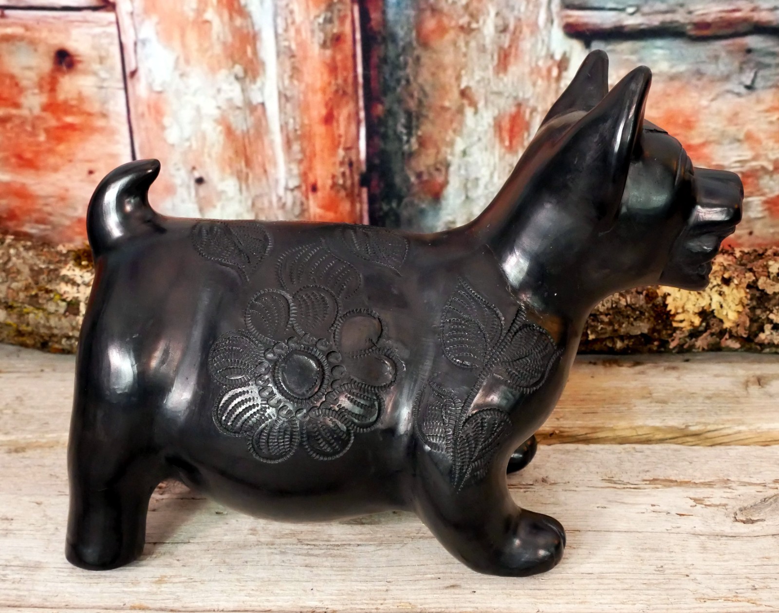 Colima Style Dog Burnished Black Clay Handmade & Carved Oaxaca Mexican Folk Art