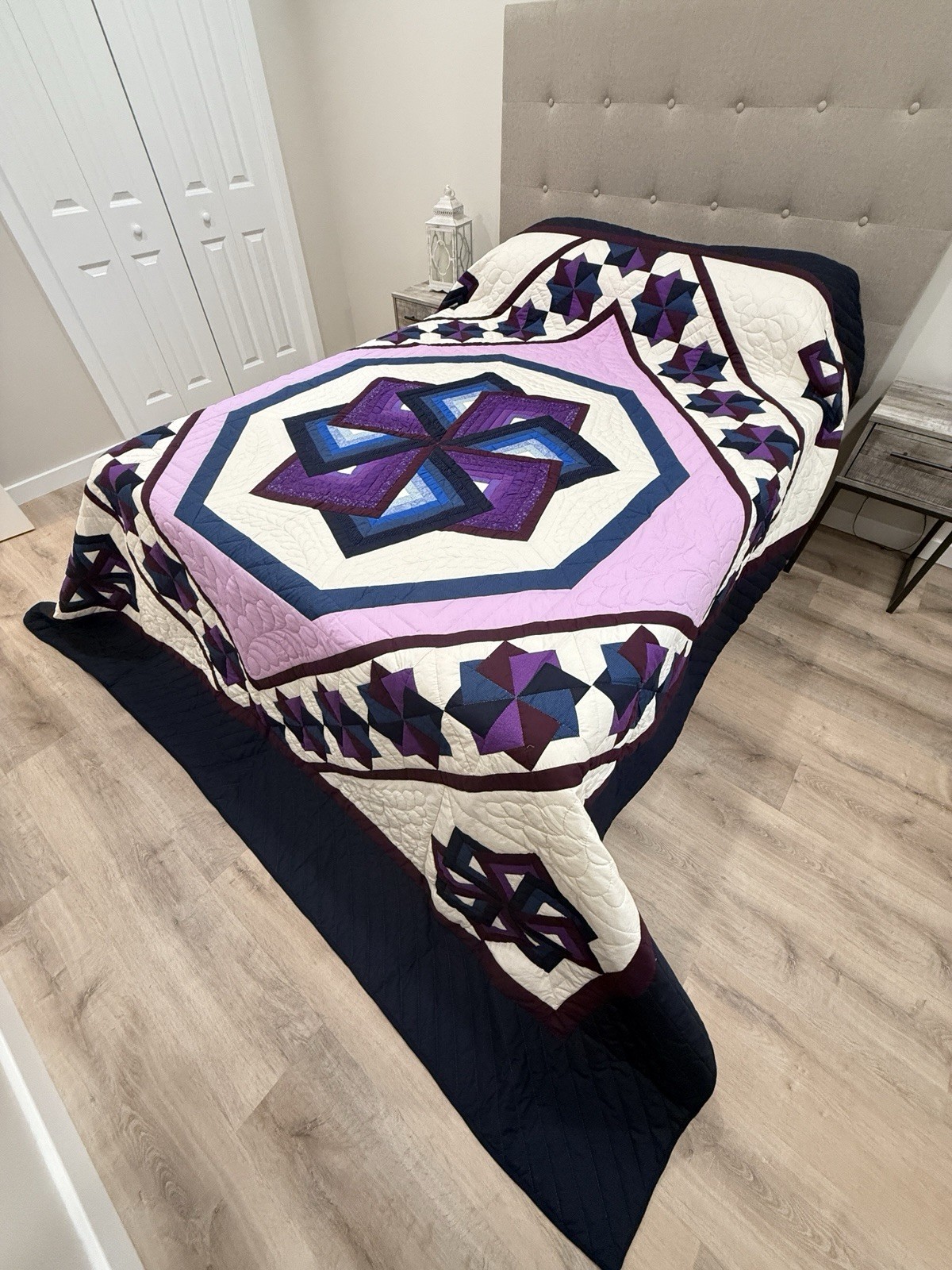 New Amish Quilt Star Spin Blue & Purple 105x118 - Heirloom Made in Lancaster PA
