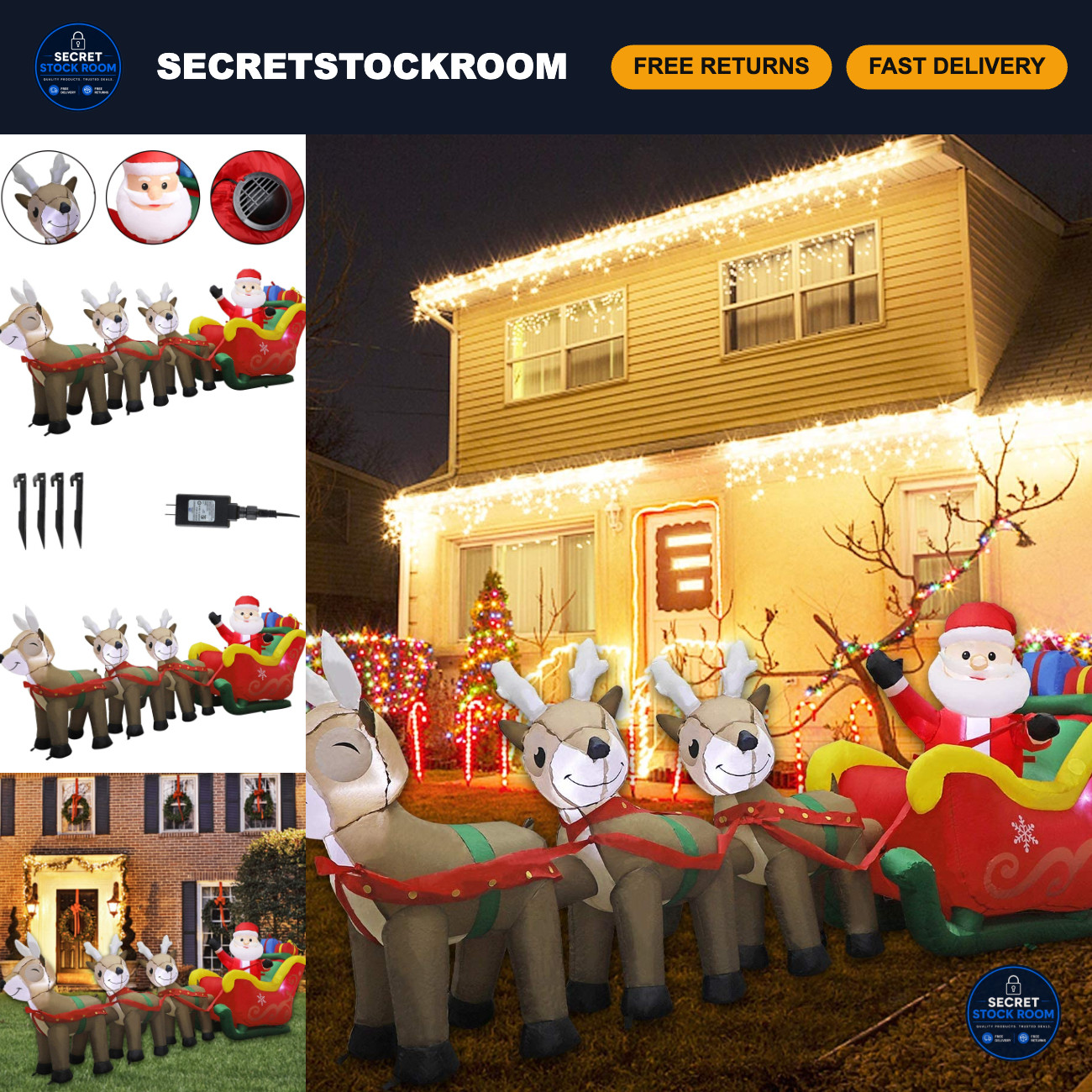 9.5 FT Inflatable Santa Sleigh with 3 Reindeers & Gift Boxes - Lighted Yard Deco 9.5 FT Inflatable Santa Sleigh with 3 Reindeers & Gift Boxes - Lighted Yard Deco