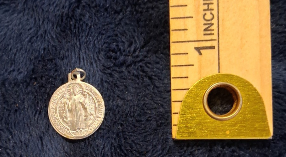 Vintage Saint Benedict Medal Silver Tone Catholic Pendant Small Round Vintage Saint Benedict Medal Silver Tone Catholic Pendant Small Round
