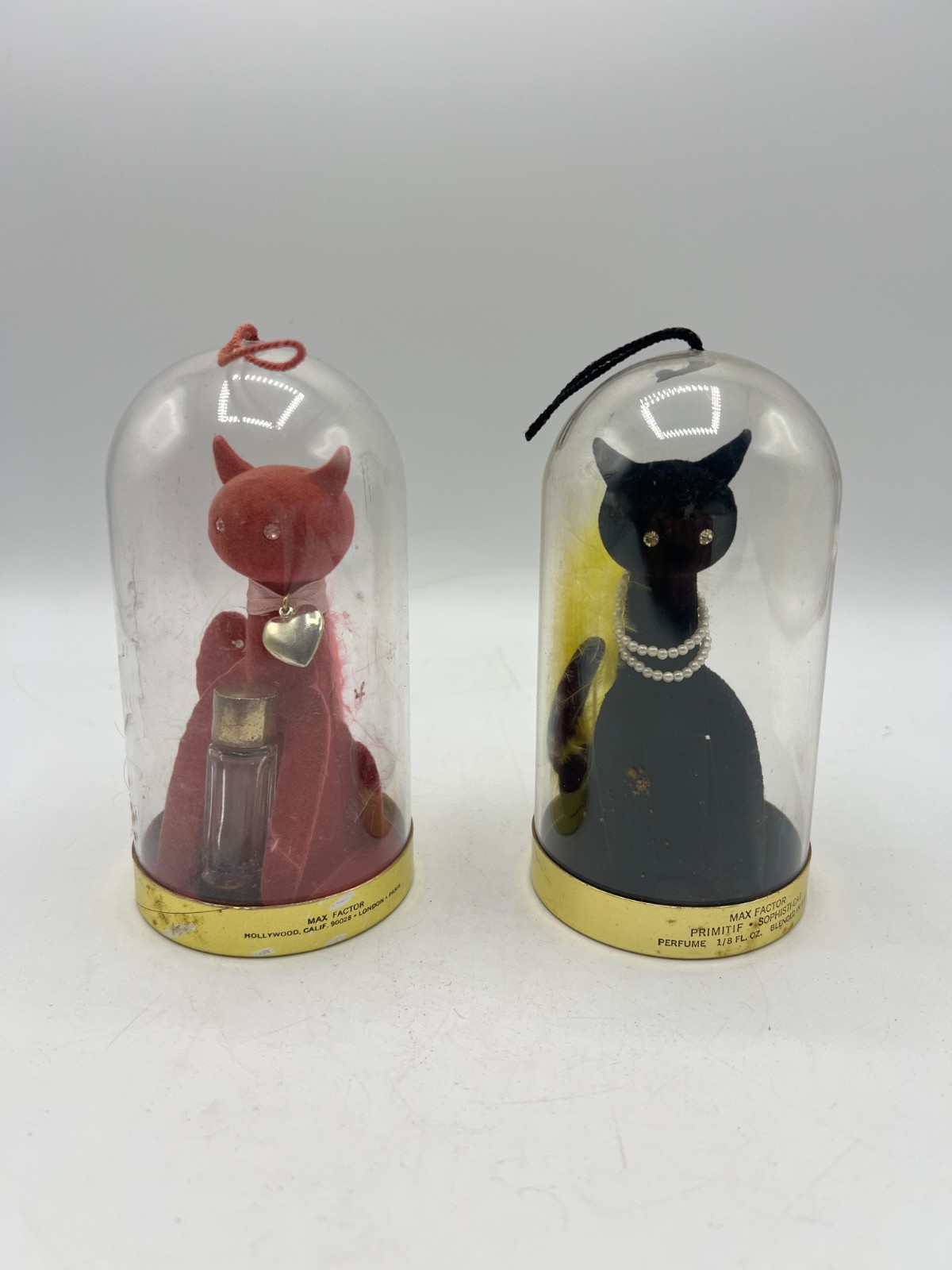 Vtg Max Factor Sophisti-Cat Perfume Lot Primitif Black Pink Flocked Cat Dome 2pc