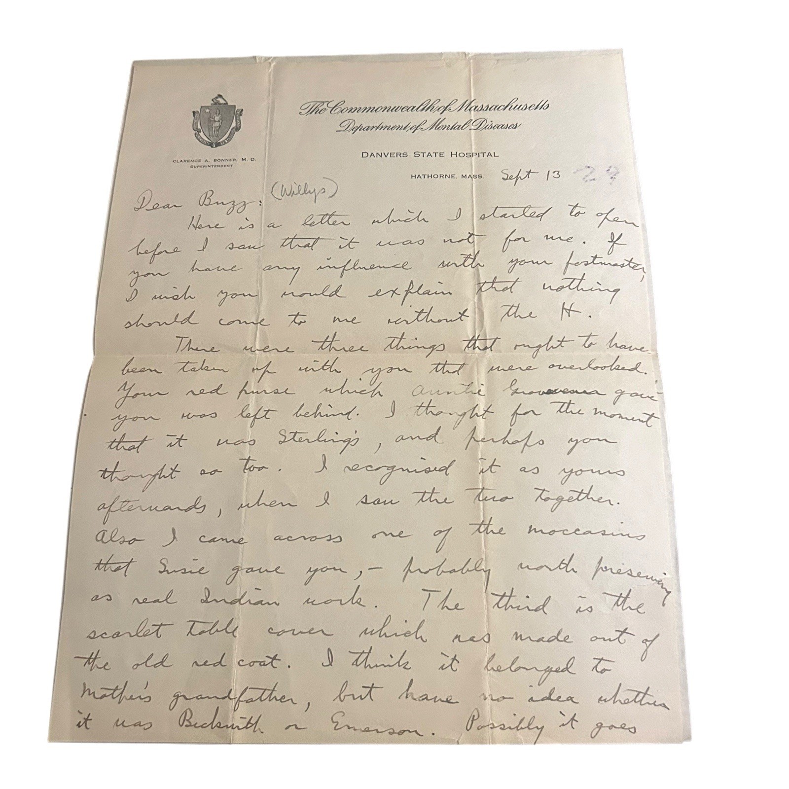 Grace Helen Kent Early Psychologist Handwritten Letter Danvers State Hospital