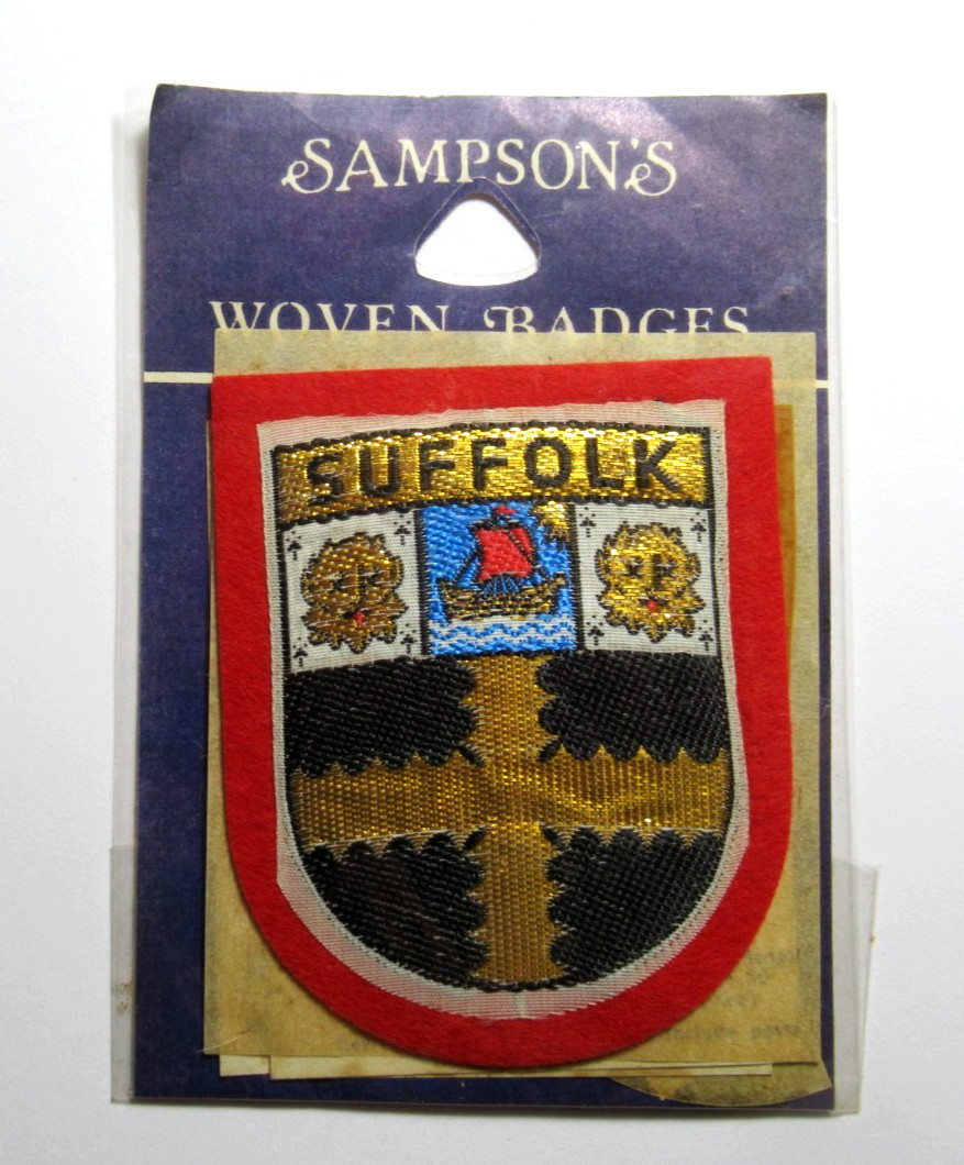 Vintage Sampson’s Woven Badge Suffolk Coat of Arms Travel Souvenir Patch Red