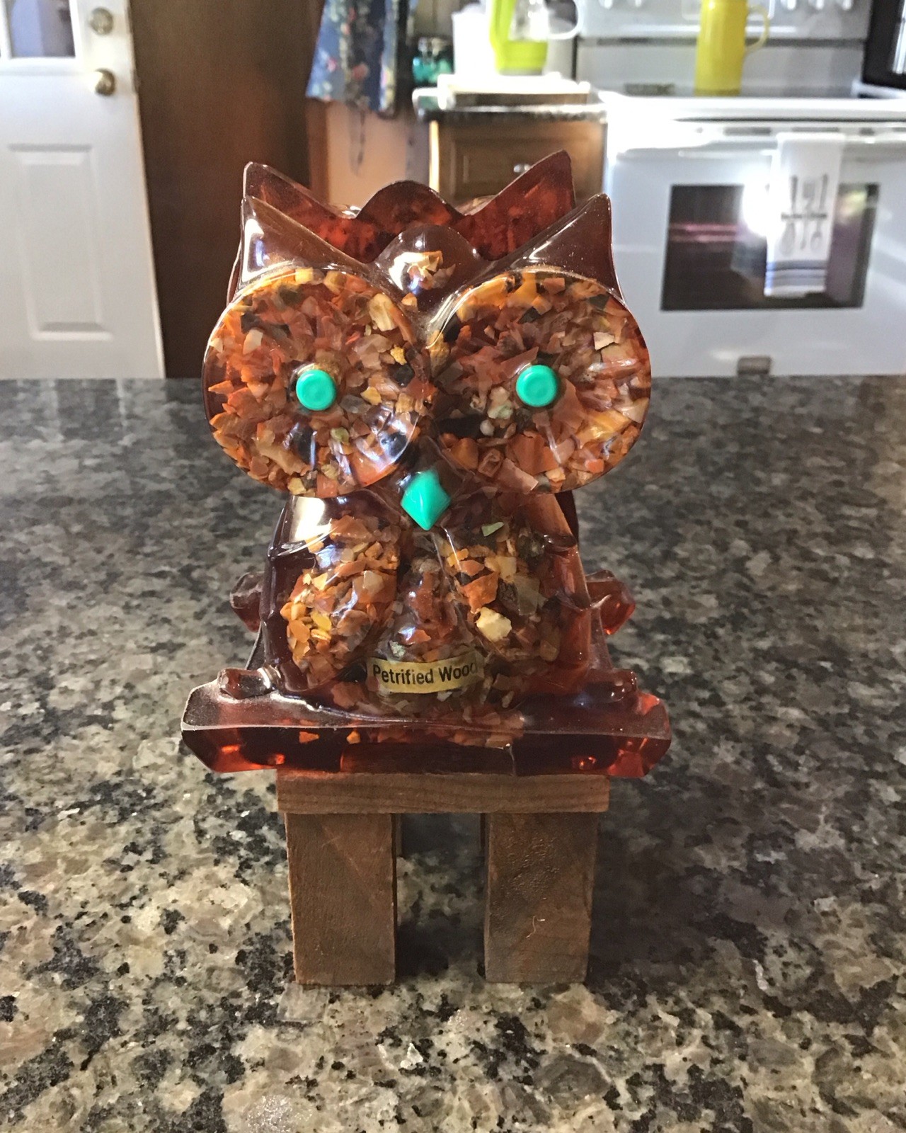 Mid Century Mod Vintage LUCITE Owl Napkin Letter Holder Petrified Wood Teal Eyes