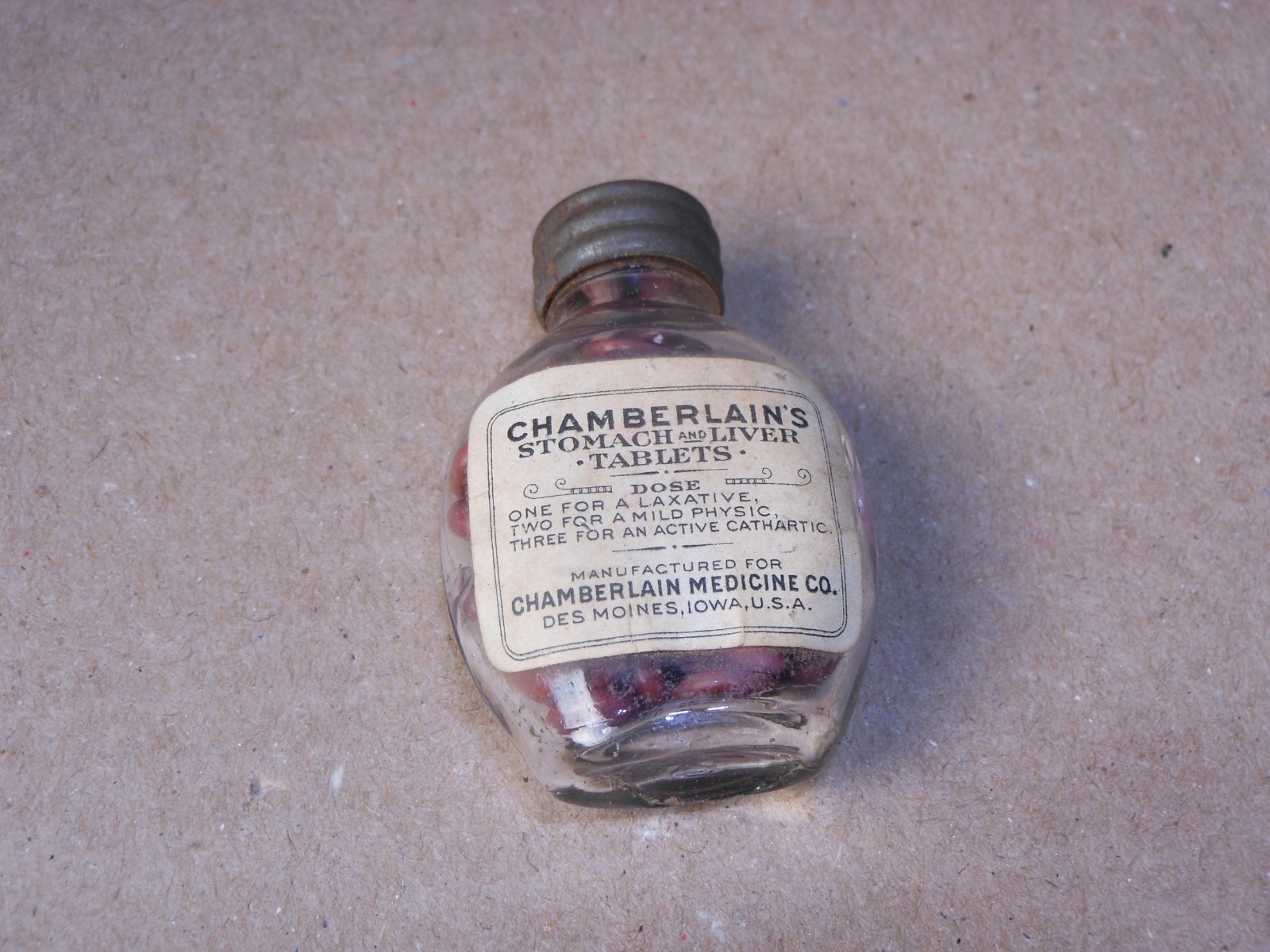 Antique Chamberlain\'s Stomach & Liver Tablets Small Paper Label Medicine Bottle Antique Chamberlain\'s Stomach & Liver Tablets Small Paper Label Medicine Bottle