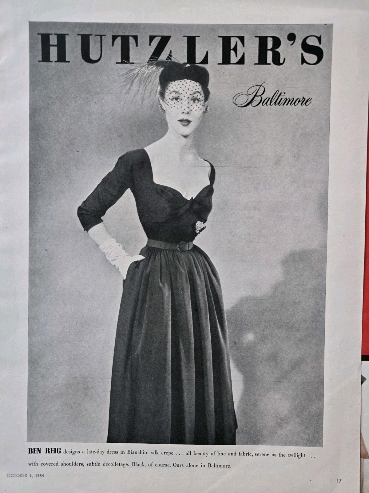 1954 Women\'s Ben Reig Bianchini silk crepe dress Hutzler\'s Baltimore Vintage ad 