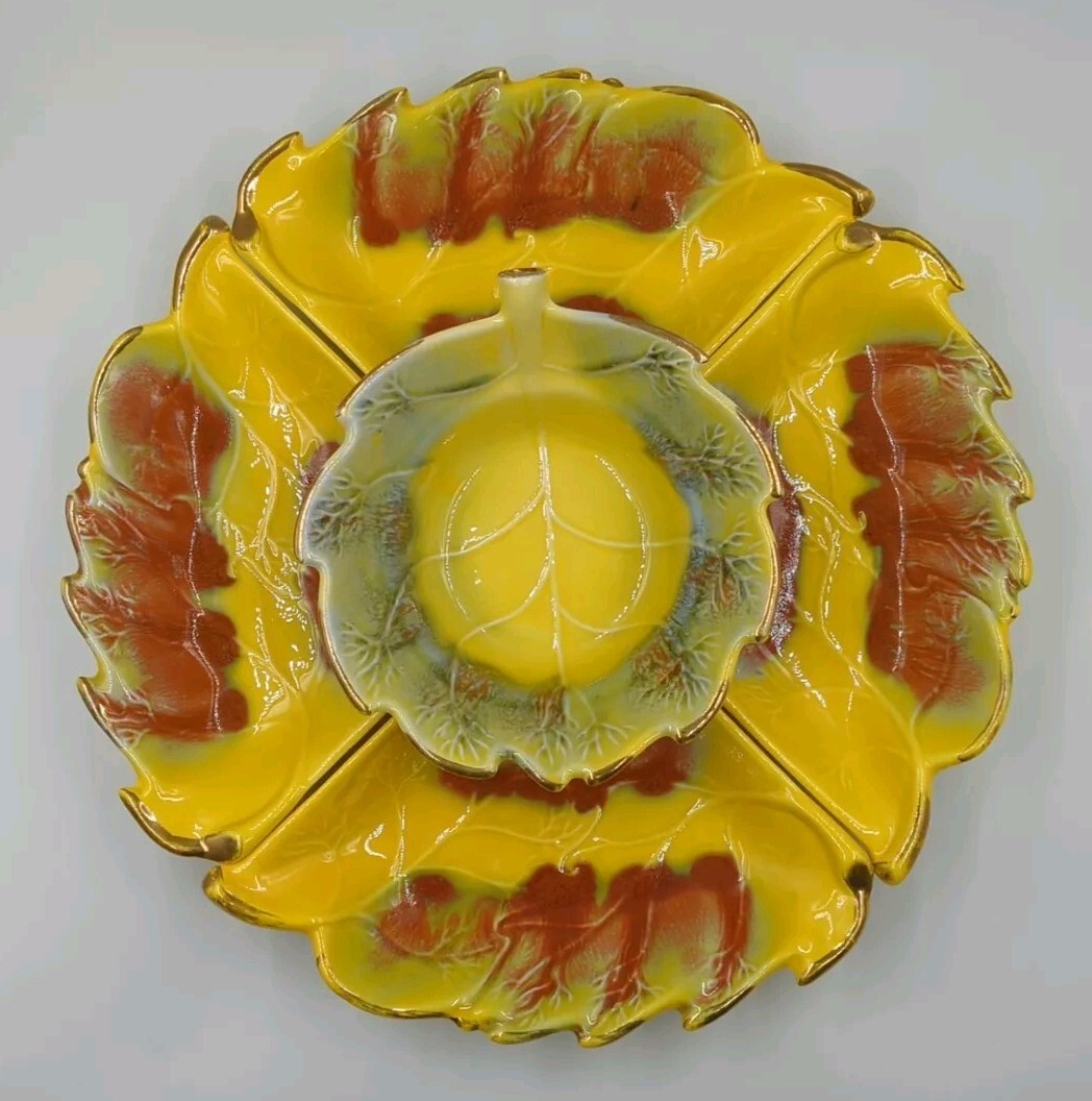 Vintage USA California Pottery 814 Leaf Party Serving Set Of 5