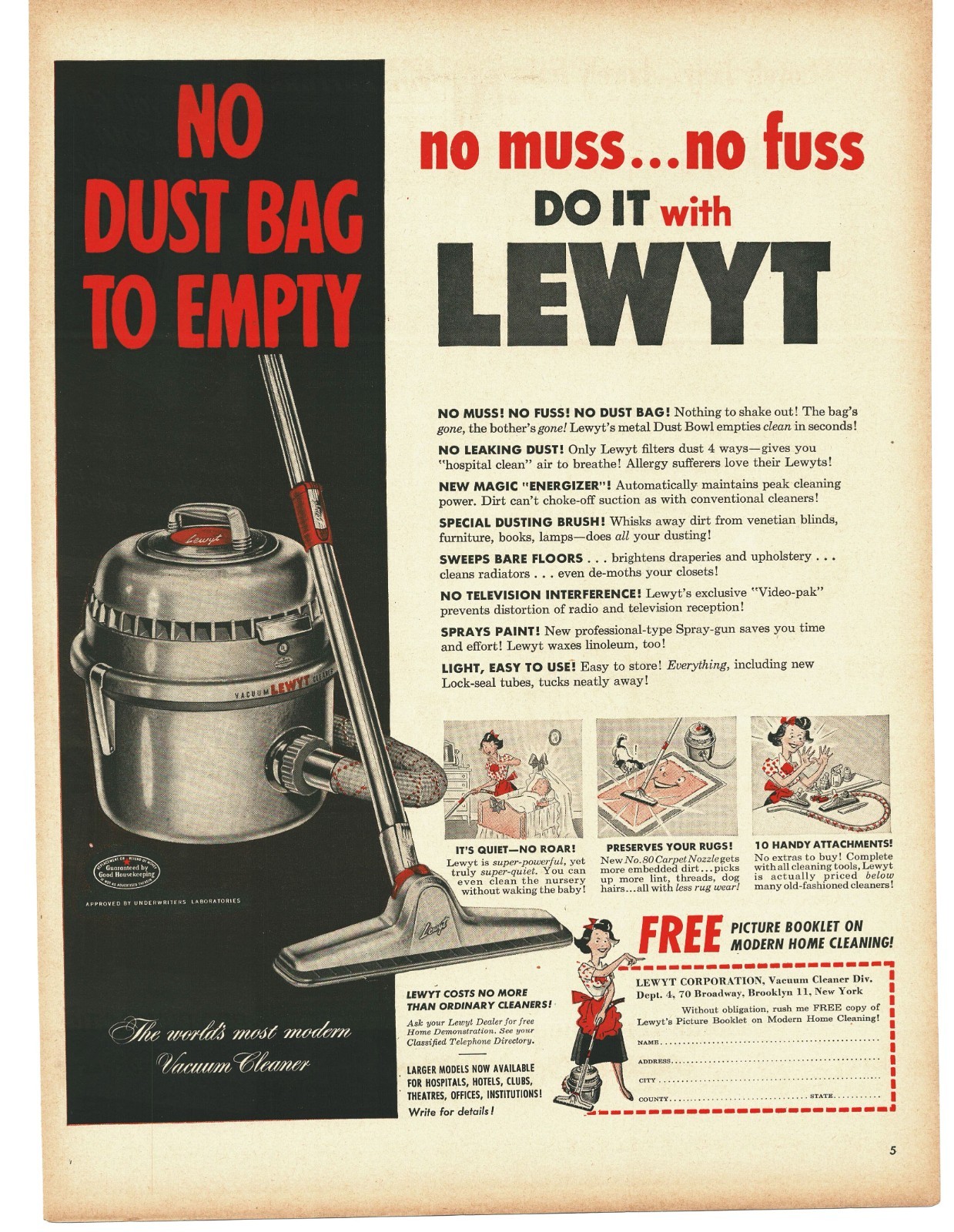 1950 Lewyt Vacuum Vintage Print Ad No Dust Bag Canister World's Most Modern