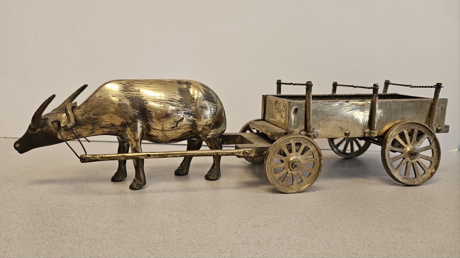 Vintage All Solid Brass OX with Cart Wagon Figurine Statue MADE IN TAIWAN