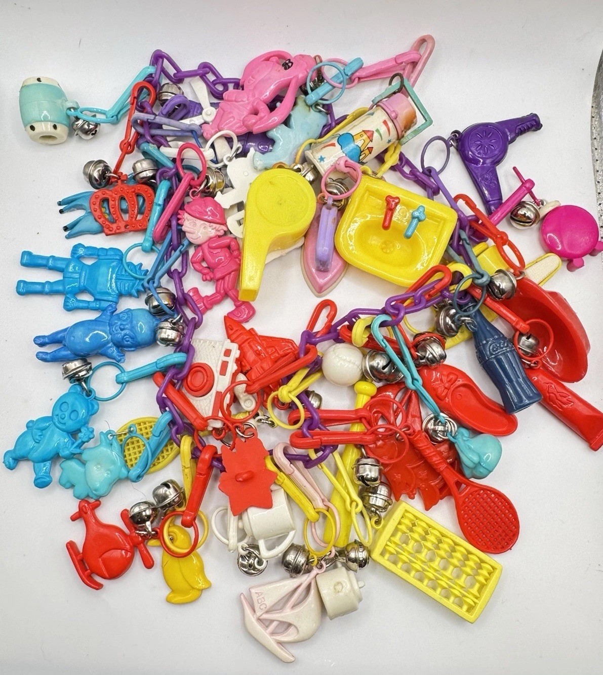 Vintage 1980s Retro Bell Clip On Charms Necklace Chain Plastic 39 Charms EUC
