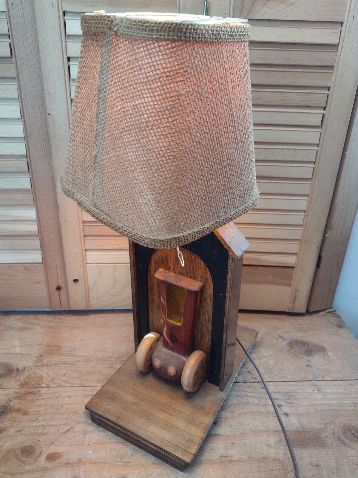 Vintage rustic wood farmhouse cottage car lamp table bedside lamp Office Desk